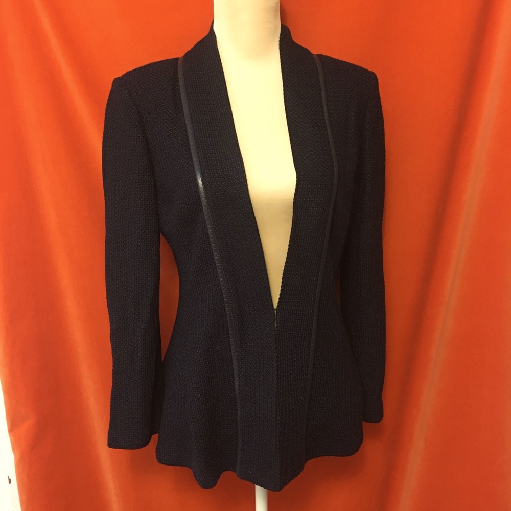 St. John leather trim santana knit jacket black size 8